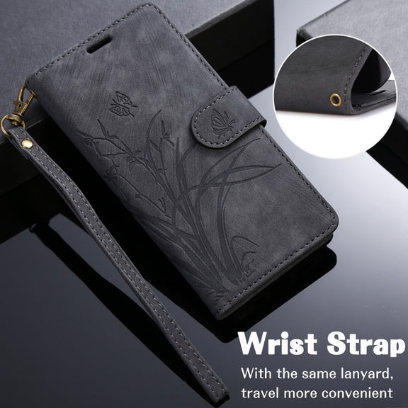 For iPhone 16 Plus Orchid Butterfly Embossed Leather Phone Case(Black)