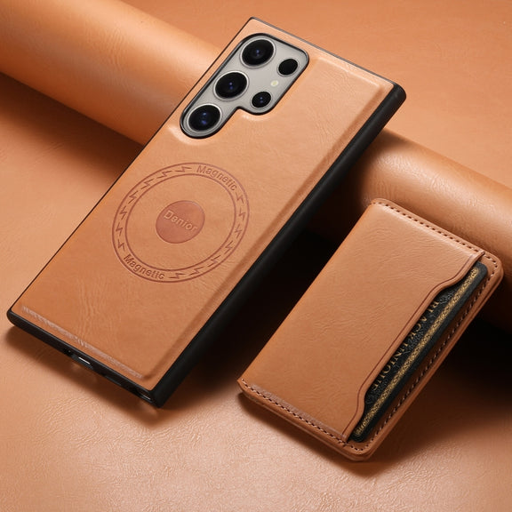 For Samsung Galaxy S24 Ultra 5G Denior Cowhide Texture Leather MagSafe Detachable Wallet Phone Case(Khaki)
