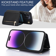 For iPhone 15 Plus YM006 Skin Feel Zipper Card Bag Phone Case with Dual Lanyard(Black)