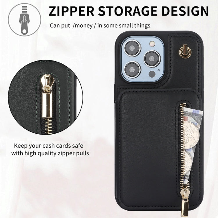 For iPhone 15 Plus YM006 Skin Feel Zipper Card Bag Phone Case with Dual Lanyard(Black) - free shipping - PMC TechLife - Order now!