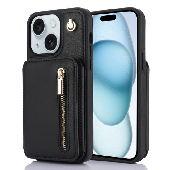 For iPhone 15 Plus YM006 Skin Feel Zipper Card Bag Phone Case with Dual Lanyard(Black)
