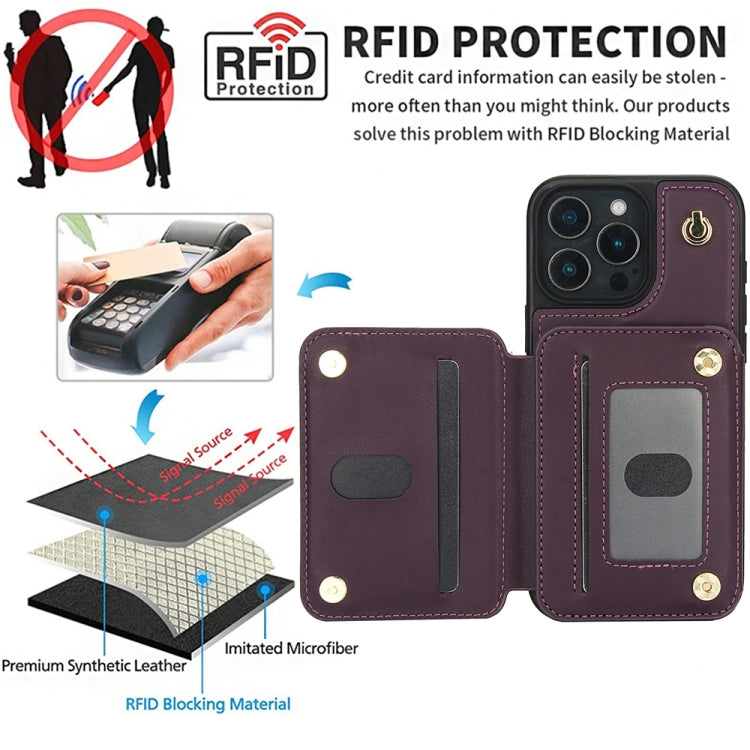 For iPhone 16 Pro Max YM006 Skin Feel Zipper Card Bag Phone Case with Dual Lanyard(Dark Purple)