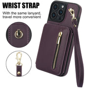 For iPhone 16 Pro Max YM006 Skin Feel Zipper Card Bag Phone Case with Dual Lanyard(Dark Purple)