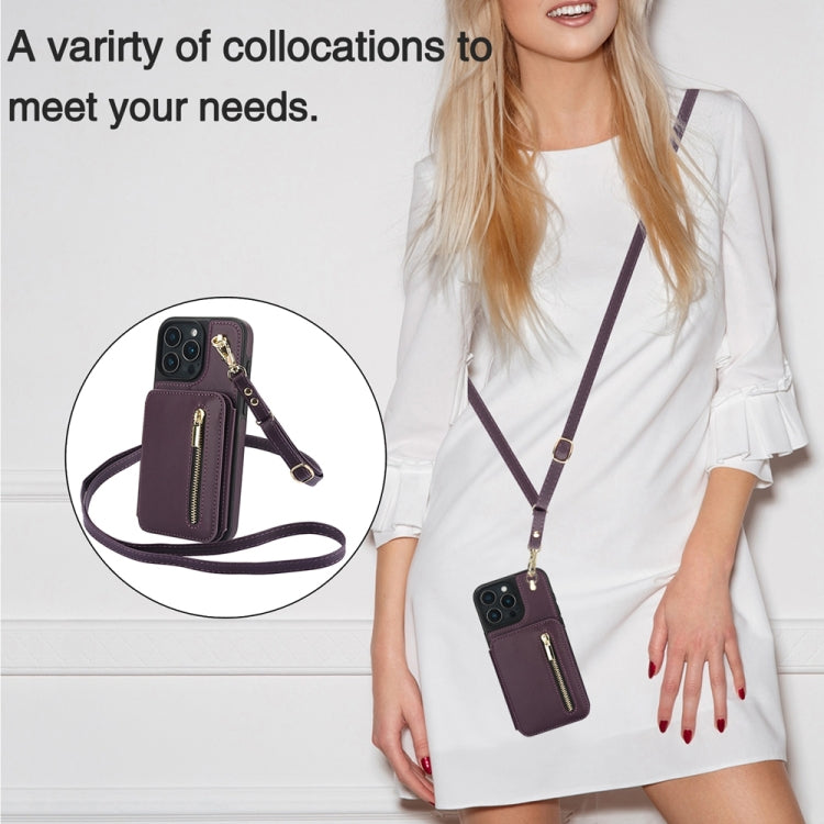 For iPhone 16 Pro Max YM006 Skin Feel Zipper Card Bag Phone Case with Dual Lanyard(Dark Purple)