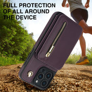 For iPhone 16 Pro Max YM006 Skin Feel Zipper Card Bag Phone Case with Dual Lanyard(Dark Purple)