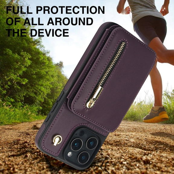 For iPhone 16 Pro Max YM006 Skin Feel Zipper Card Bag Phone Case with Dual Lanyard(Dark Purple)