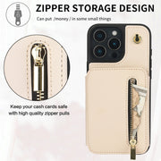 For iPhone 16 Pro Max YM006 Skin Feel Zipper Card Bag Phone Case with Dual Lanyard(Apricot)