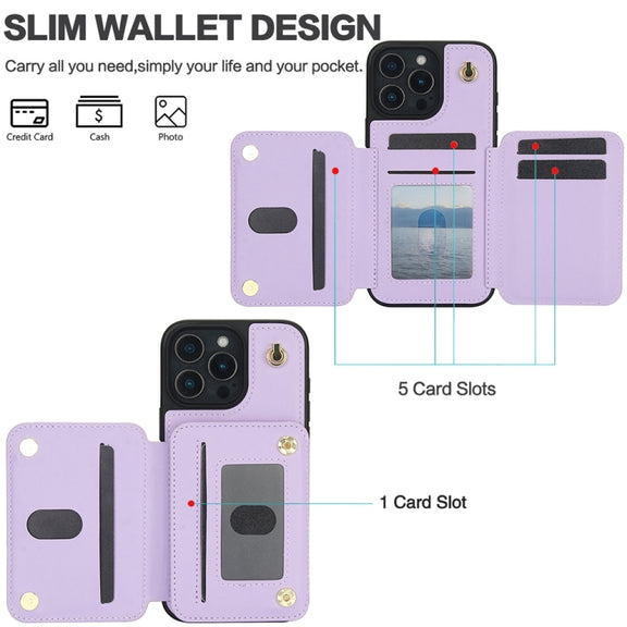 For iPhone 16 Pro Max YM006 Skin Feel Zipper Card Bag Phone Case with Dual Lanyard(Light Purple)