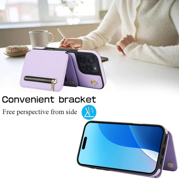 For iPhone 16 Pro Max YM006 Skin Feel Zipper Card Bag Phone Case with Dual Lanyard(Light Purple)
