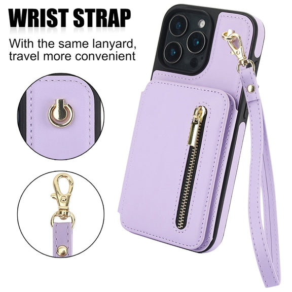 For iPhone 16 Pro Max YM006 Skin Feel Zipper Card Bag Phone Case with Dual Lanyard(Light Purple)