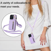 For iPhone 16 Pro Max YM006 Skin Feel Zipper Card Bag Phone Case with Dual Lanyard(Light Purple)