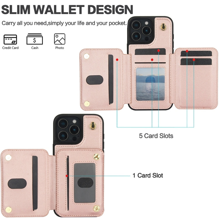 For iPhone 16 Pro Max YM006 Skin Feel Zipper Card Bag Phone Case with Dual Lanyard(Rose Gold)