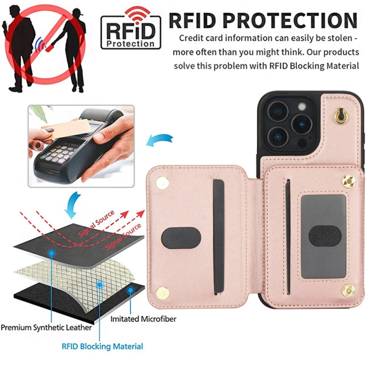 For iPhone 16 Pro Max YM006 Skin Feel Zipper Card Bag Phone Case with Dual Lanyard(Rose Gold)