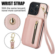 For iPhone 16 Pro Max YM006 Skin Feel Zipper Card Bag Phone Case with Dual Lanyard(Rose Gold)