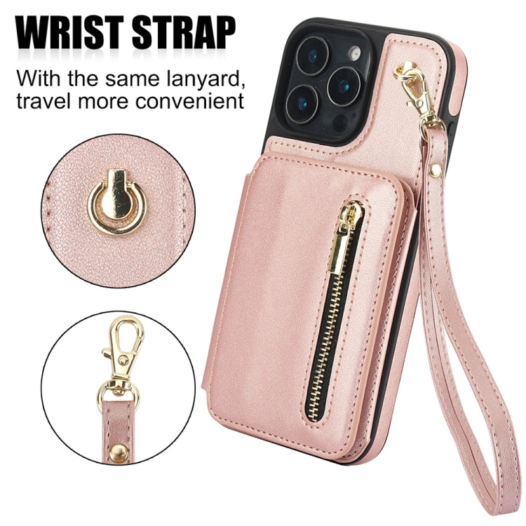 For iPhone 16 Pro Max YM006 Skin Feel Zipper Card Bag Phone Case with Dual Lanyard(Rose Gold)