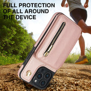 For iPhone 16 Pro Max YM006 Skin Feel Zipper Card Bag Phone Case with Dual Lanyard(Rose Gold)