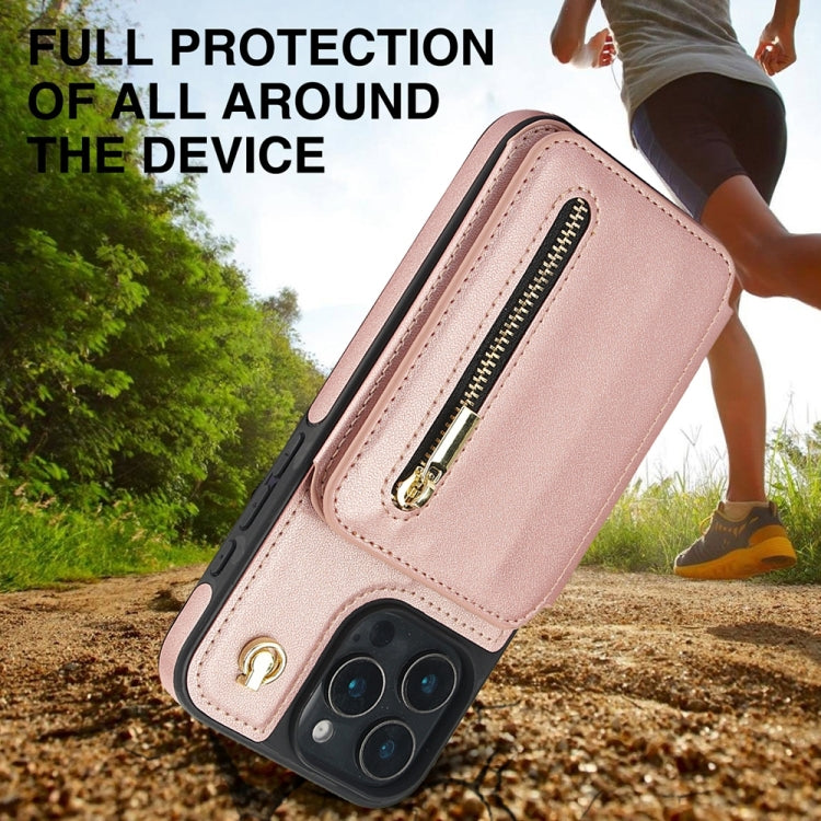 For iPhone 16 Pro Max YM006 Skin Feel Zipper Card Bag Phone Case with Dual Lanyard(Rose Gold)