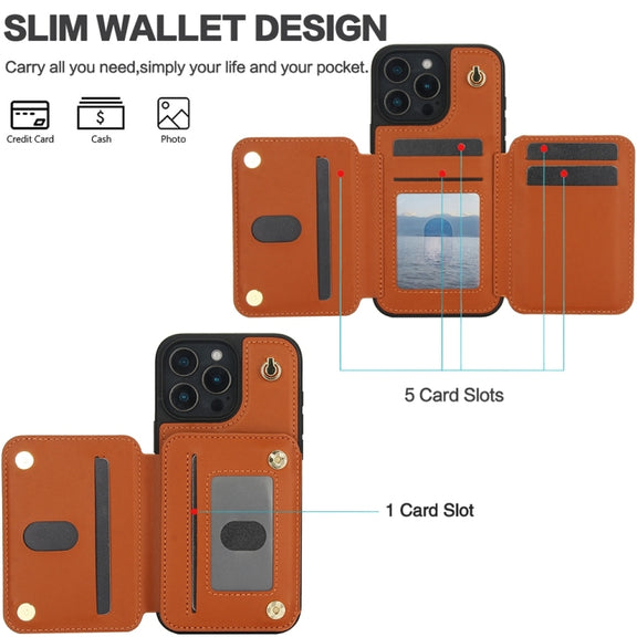 For iPhone 16 Pro Max YM006 Skin Feel Zipper Card Bag Phone Case with Dual Lanyard(Brown)