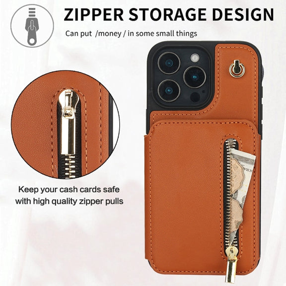 For iPhone 16 Pro Max YM006 Skin Feel Zipper Card Bag Phone Case with Dual Lanyard(Brown)