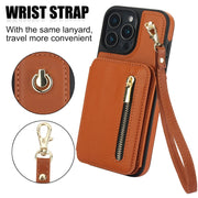 For iPhone 16 Pro Max YM006 Skin Feel Zipper Card Bag Phone Case with Dual Lanyard(Brown)