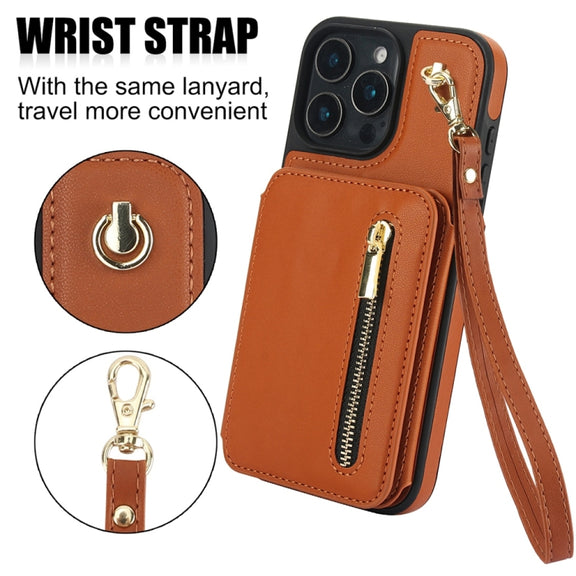 For iPhone 16 Pro Max YM006 Skin Feel Zipper Card Bag Phone Case with Dual Lanyard(Brown)