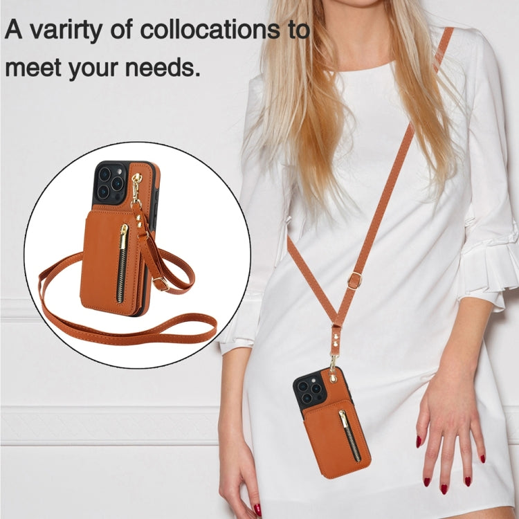 For iPhone 16 Pro Max YM006 Skin Feel Zipper Card Bag Phone Case with Dual Lanyard(Brown)