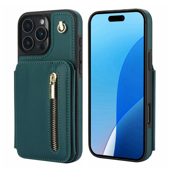 For iPhone 16 Pro Max YM006 Skin Feel Zipper Card Bag Phone Case with Dual Lanyard(Green)