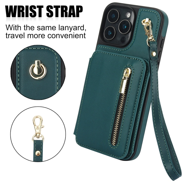 For iPhone 16 Pro Max YM006 Skin Feel Zipper Card Bag Phone Case with Dual Lanyard(Green)