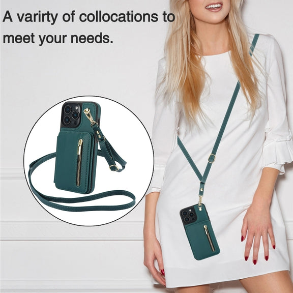 For iPhone 16 Pro Max YM006 Skin Feel Zipper Card Bag Phone Case with Dual Lanyard(Green)