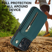 For iPhone 16 Pro Max YM006 Skin Feel Zipper Card Bag Phone Case with Dual Lanyard(Green)
