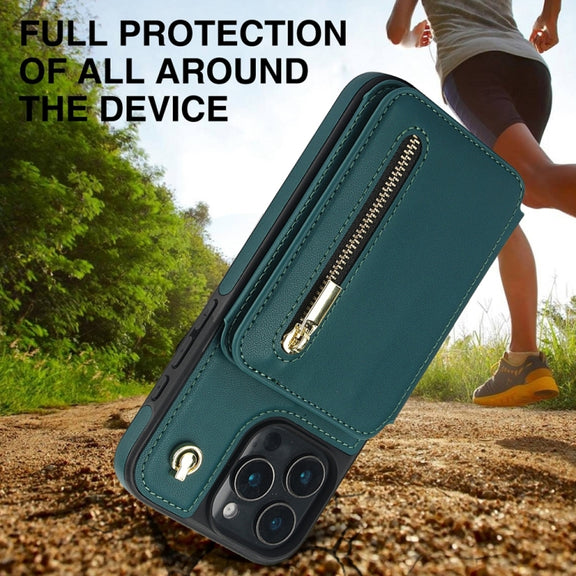 For iPhone 16 Pro Max YM006 Skin Feel Zipper Card Bag Phone Case with Dual Lanyard(Green)