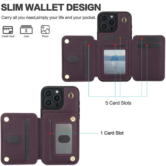 For iPhone 16 Pro YM006 Skin Feel Zipper Card Bag Phone Case with Dual Lanyard(Dark Purple)