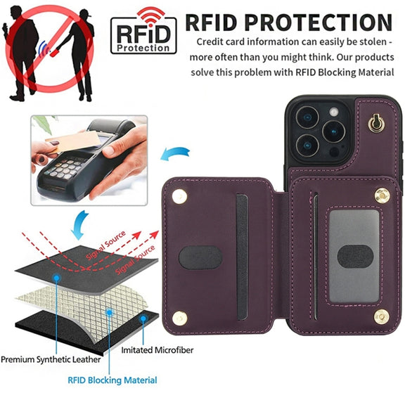 For iPhone 16 Pro YM006 Skin Feel Zipper Card Bag Phone Case with Dual Lanyard(Dark Purple)