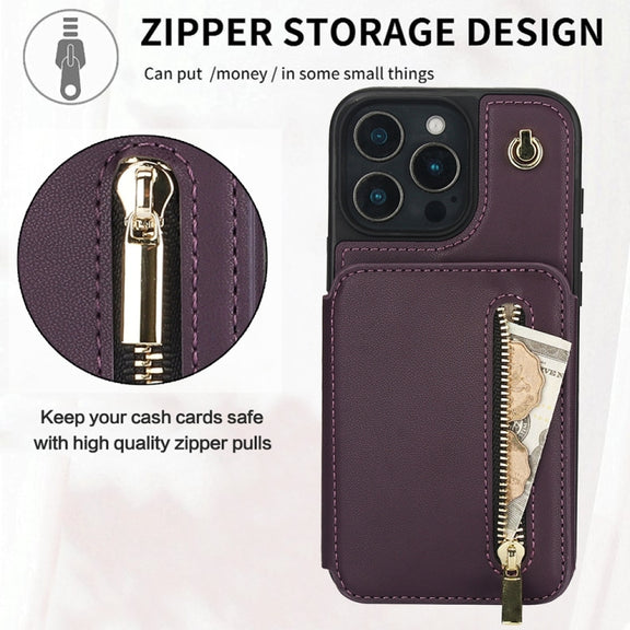 For iPhone 16 Pro YM006 Skin Feel Zipper Card Bag Phone Case with Dual Lanyard(Dark Purple)