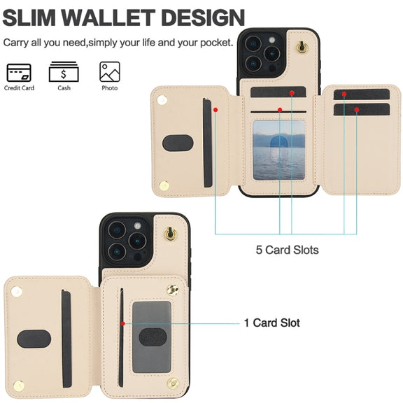 For iPhone 16 Pro YM006 Skin Feel Zipper Card Bag Phone Case with Dual Lanyard(Apricot)