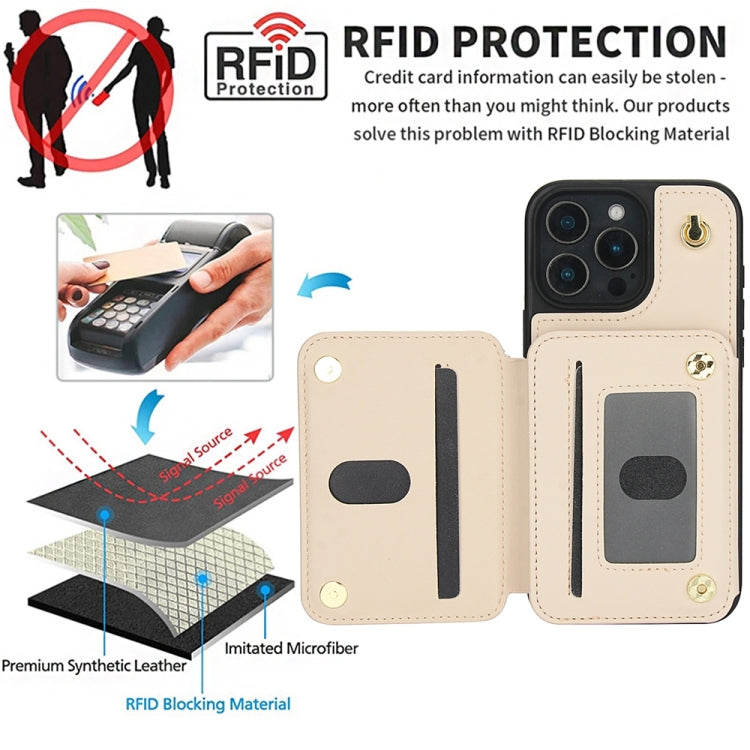 For iPhone 16 Pro YM006 Skin Feel Zipper Card Bag Phone Case with Dual Lanyard(Apricot)