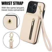 For iPhone 16 Pro YM006 Skin Feel Zipper Card Bag Phone Case with Dual Lanyard(Apricot)