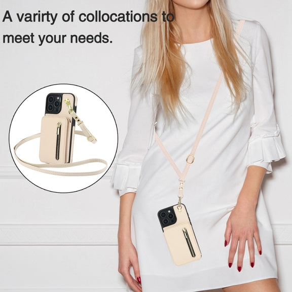 For iPhone 16 Pro YM006 Skin Feel Zipper Card Bag Phone Case with Dual Lanyard(Apricot)