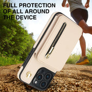 For iPhone 16 Pro YM006 Skin Feel Zipper Card Bag Phone Case with Dual Lanyard(Apricot)