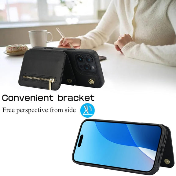 For iPhone 16 Pro YM006 Skin Feel Zipper Card Bag Phone Case with Dual Lanyard(Black)