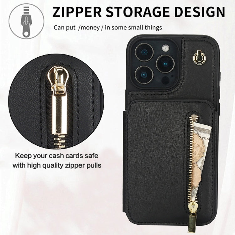 For iPhone 16 Pro YM006 Skin Feel Zipper Card Bag Phone Case with Dual Lanyard(Black)