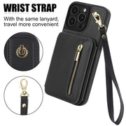 For iPhone 16 Pro YM006 Skin Feel Zipper Card Bag Phone Case with Dual Lanyard(Black)