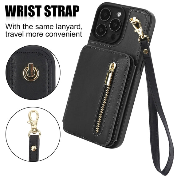 For iPhone 16 Pro YM006 Skin Feel Zipper Card Bag Phone Case with Dual Lanyard(Black)