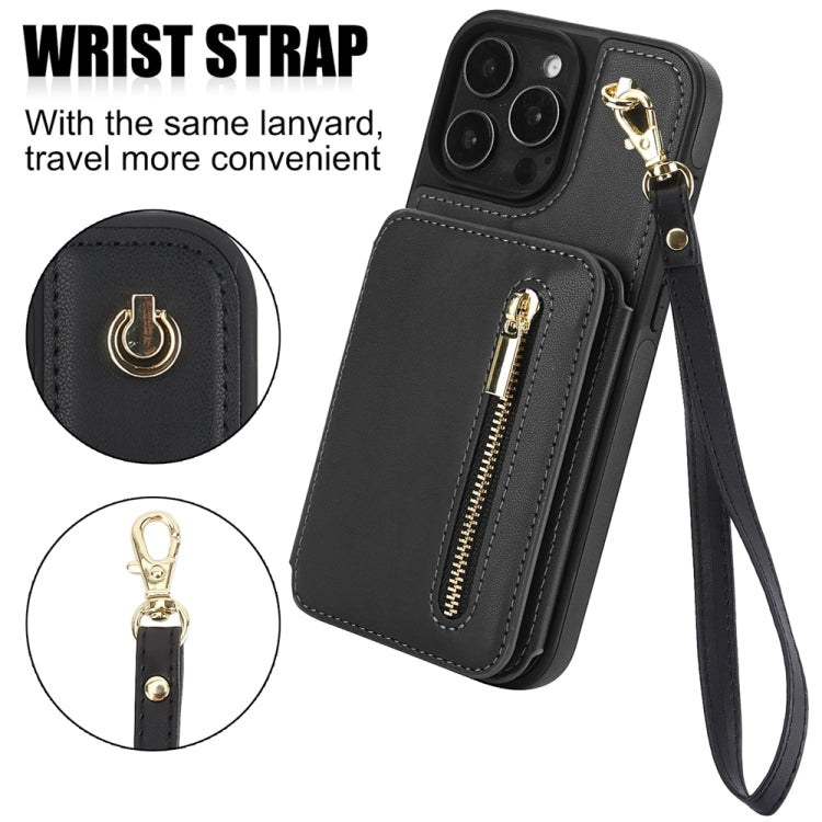 For iPhone 16 Pro YM006 Skin Feel Zipper Card Bag Phone Case with Dual Lanyard(Black)