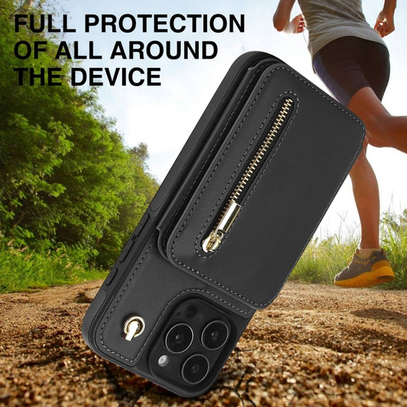 For iPhone 16 Pro YM006 Skin Feel Zipper Card Bag Phone Case with Dual Lanyard(Black)
