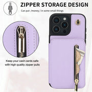 For iPhone 16 Pro YM006 Skin Feel Zipper Card Bag Phone Case with Dual Lanyard(Light Purple)