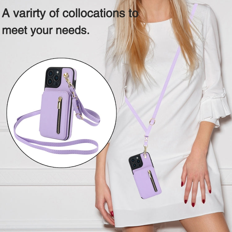 For iPhone 16 Pro YM006 Skin Feel Zipper Card Bag Phone Case with Dual Lanyard(Light Purple)