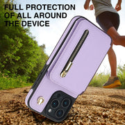For iPhone 16 Pro YM006 Skin Feel Zipper Card Bag Phone Case with Dual Lanyard(Light Purple)