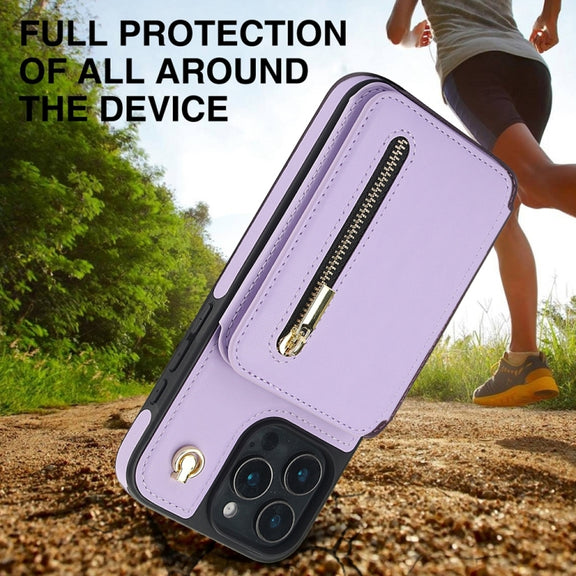 For iPhone 16 Pro YM006 Skin Feel Zipper Card Bag Phone Case with Dual Lanyard(Light Purple)