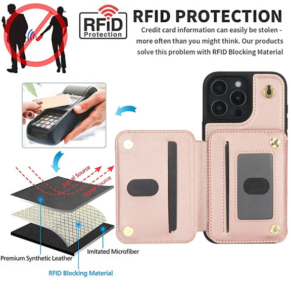 For iPhone 16 Pro YM006 Skin Feel Zipper Card Bag Phone Case with Dual Lanyard(Rose Gold)